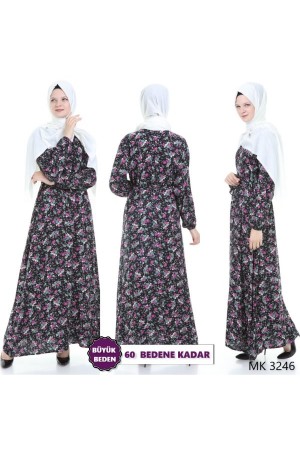 Büyük Beden Düğme Detaylı Desenli Pamuk Viskon Elbise  Siyah Fuşya