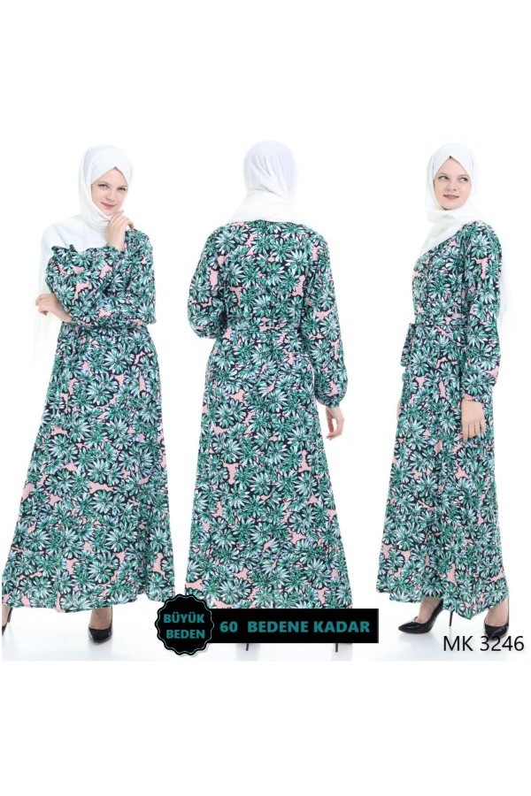 Büyük Beden Düğme Detaylı Desenli Pamuk Viskon Elbise Somon Büyük Beden Düğme Detaylı Desenli Pamuk Viskon Elbise Somon