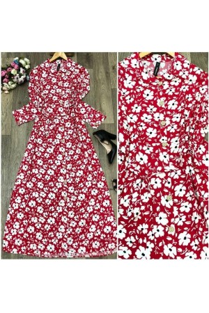 Büyük Beden Papatya Desenli Düğmeli Pamuk Viskon Elbise  Kırmızı