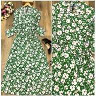 Büyük Beden Papatya Desenli Düğmeli Pamuk Viskon Elbise  Yeşil