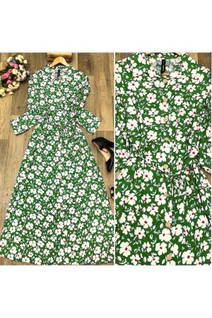 Büyük Beden Papatya Desenli Düğmeli Pamuk Viskon Elbise  Yeşil