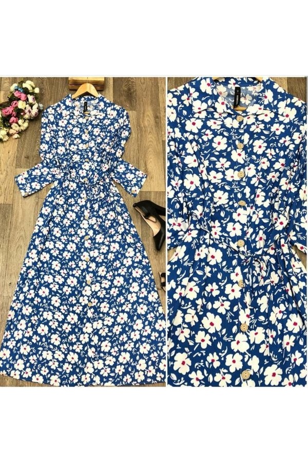 Büyük Beden Papatya Desenli Düğmeli Pamuk Viskon Elbise  Mavi