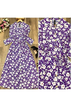 Büyük Beden Papatya Desenli Düğmeli Pamuk Viskon Elbise  Mor