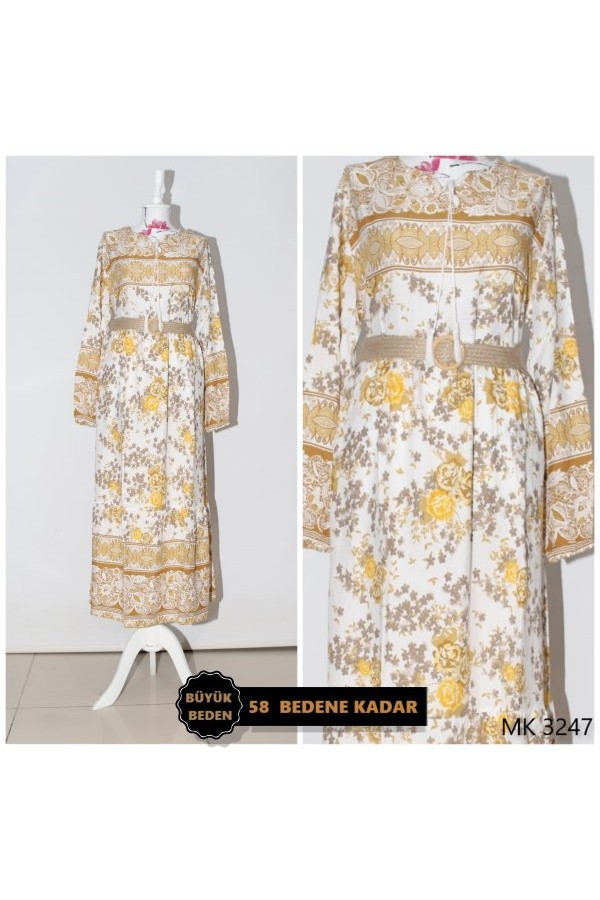 Büyük Beden Çiçek Bahçesi Pamuk Viskon Elbise KEMER HEDİYELİ Hardal Büyük Beden Çiçek Bahçesi Pamuk Viskon Elbise KEMER HEDİYELİ Hardal
