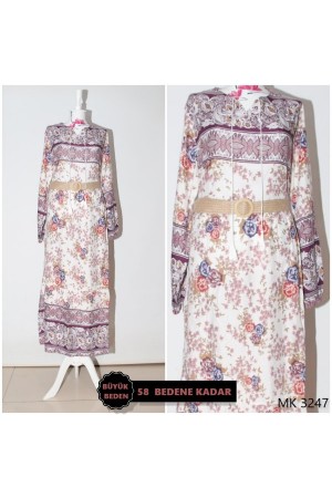 Büyük Beden Çiçek Bahçesi Pamuk Viskon Elbise KEMER HEDİYELİ   Mürdüm