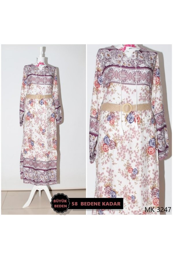 Büyük Beden Çiçek Bahçesi Pamuk Viskon Elbise KEMER HEDİYELİ   Mürdüm