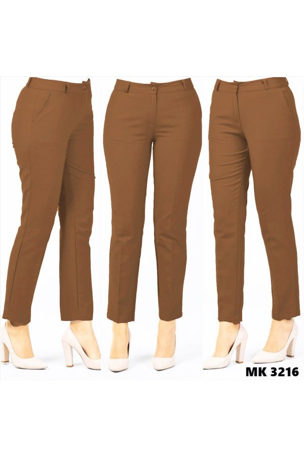 Büyük Beden Beli Kemerli Cepli Klasik Kumaş Pantolon  Açık Kahve