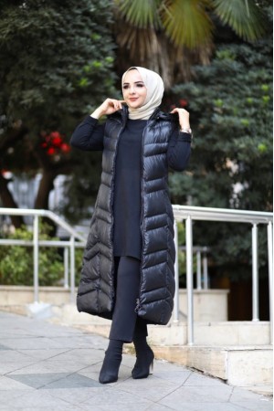 Hakiki Gerçek Elyaf Dolum Kapşonlu Şişme Yelek 120cm  Siyah Hakiki Gerçek Elyaf Dolum Kapşonlu Şişme Yelek 120cm  Siyah