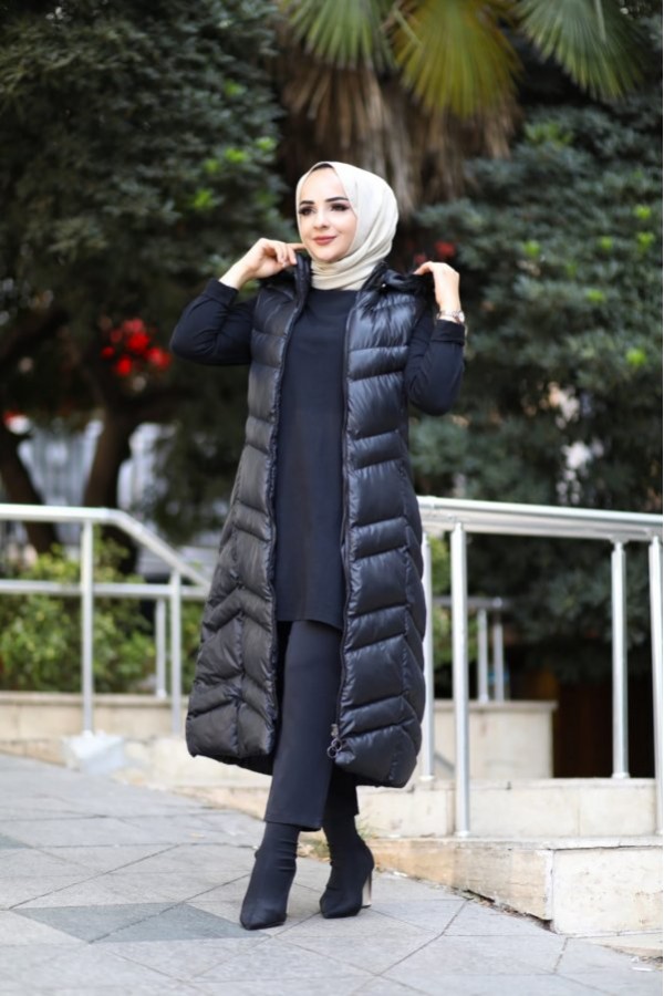 Hakiki Gerçek Elyaf Dolum Kapşonlu Şişme Yelek 120cm  Siyah Hakiki Gerçek Elyaf Dolum Kapşonlu Şişme Yelek 120cm  Siyah