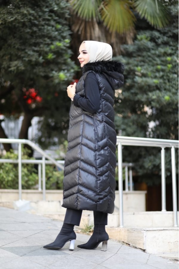 Hakiki Gerçek Elyaf Dolum Kapşonlu Şişme Yelek 120cm  Siyah Hakiki Gerçek Elyaf Dolum Kapşonlu Şişme Yelek 120cm  Siyah