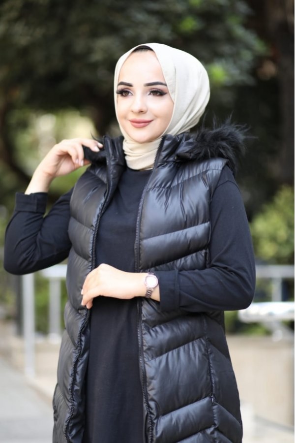 Hakiki Gerçek Elyaf Dolum Kapşonlu Şişme Yelek 120cm  Siyah Hakiki Gerçek Elyaf Dolum Kapşonlu Şişme Yelek 120cm  Siyah