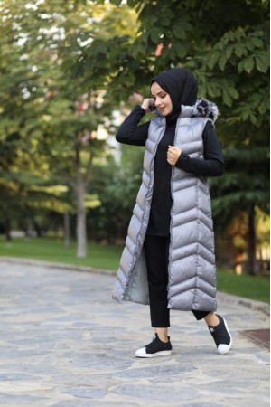 Hakiki Gerçek Elyaf Dolum Kapşonlu Şişme Yelek 120cm  Gri Hakiki Gerçek Elyaf Dolum Kapşonlu Şişme Yelek 120cm  Gri