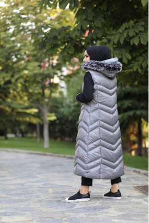 Hakiki Gerçek Elyaf Dolum Kapşonlu Şişme Yelek 120cm  Gri Hakiki Gerçek Elyaf Dolum Kapşonlu Şişme Yelek 120cm  Gri