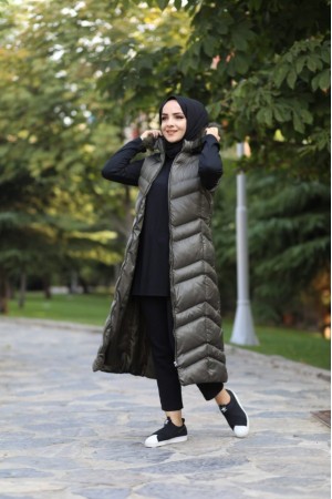 Hakiki Gerçek Elyaf Dolum Kapşonlu Şişme Yelek 120cm  Haki Hakiki Gerçek Elyaf Dolum Kapşonlu Şişme Yelek 120cm  Haki