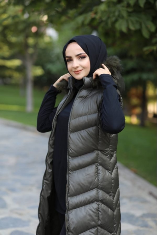 Hakiki Gerçek Elyaf Dolum Kapşonlu Şişme Yelek 120cm  Haki Hakiki Gerçek Elyaf Dolum Kapşonlu Şişme Yelek 120cm  Haki