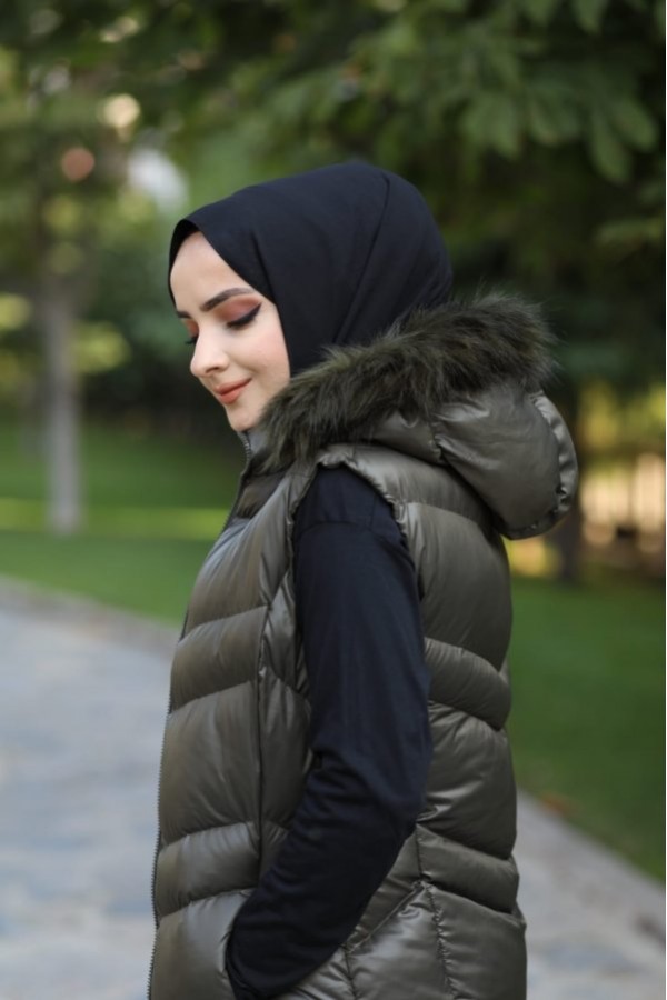 Hakiki Gerçek Elyaf Dolum Kapşonlu Şişme Yelek 120cm  Haki Hakiki Gerçek Elyaf Dolum Kapşonlu Şişme Yelek 120cm  Haki