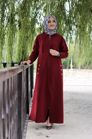 Büyük Beden Kapşonlu Kolları Düğmeli İki İplik Spor Ferace  Bordo Büyük Beden Kapşonlu Kolları Düğmeli İki İplik Spor Ferace  Bordo