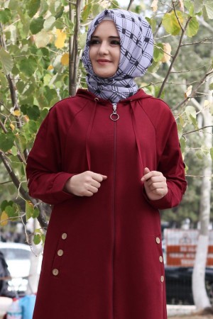 Büyük Beden Kapşonlu Kolları Düğmeli İki İplik Spor Ferace  Bordo Büyük Beden Kapşonlu Kolları Düğmeli İki İplik Spor Ferace  Bordo