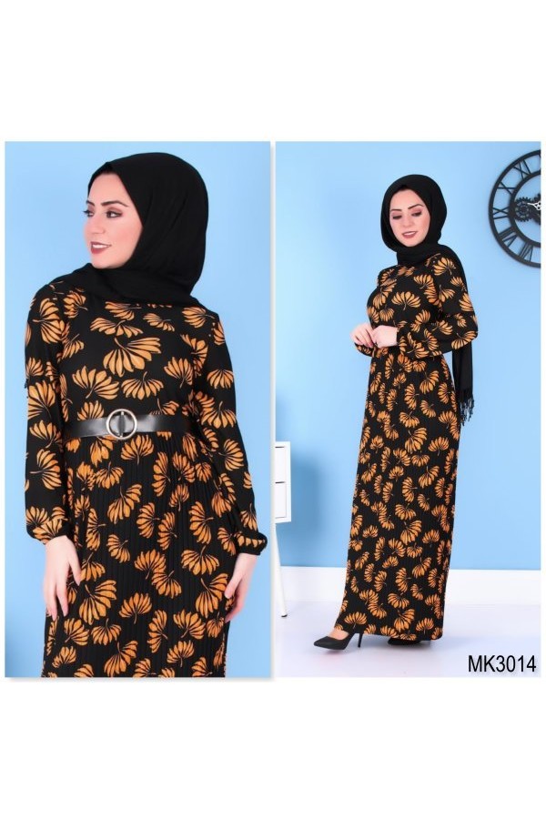 Çiçek Desenli Kemer Hediyeli Piliseli Elbise - 3014 Çiçek Desenli Kemer Hediyeli Piliseli Elbise - 3014