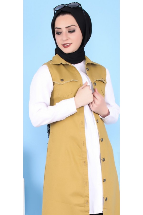 Püskül Detaylı Uzun Kot Yelek  Hardal Püskül Detaylı Uzun Kot Yelek  Hardal