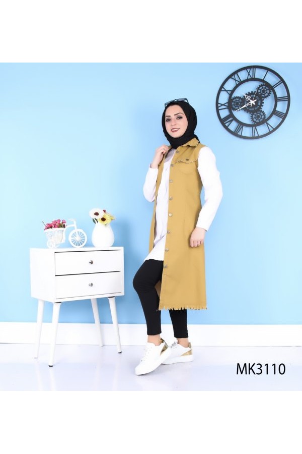 Püskül Detaylı Uzun Kot Yelek  Hardal Püskül Detaylı Uzun Kot Yelek  Hardal