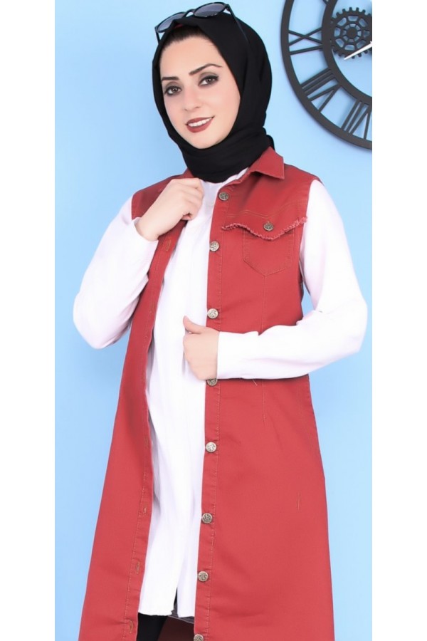 Püskül Detaylı Uzun Kot Yelek  Bordo Püskül Detaylı Uzun Kot Yelek  Bordo