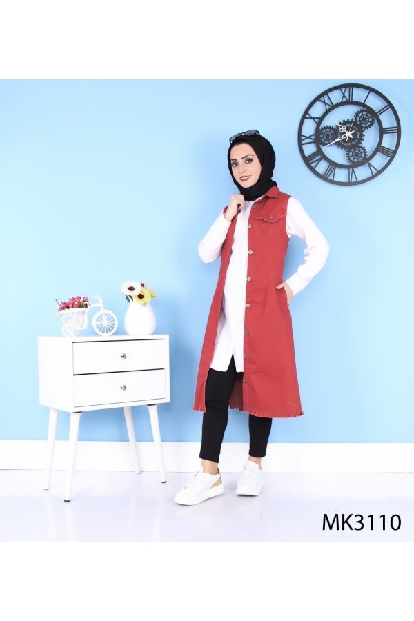 Püskül Detaylı Uzun Kot Yelek  Bordo Püskül Detaylı Uzun Kot Yelek  Bordo