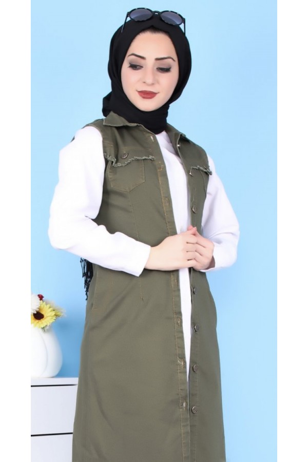 Püskül Detaylı Uzun Kot Yelek  Haki Püskül Detaylı Uzun Kot Yelek  Haki