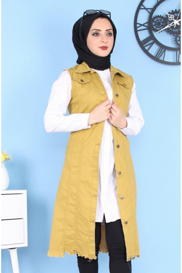 Cepli Uzun Renkli Kot Yelek  Hardal Cepli Uzun Renkli Kot Yelek  Hardal
