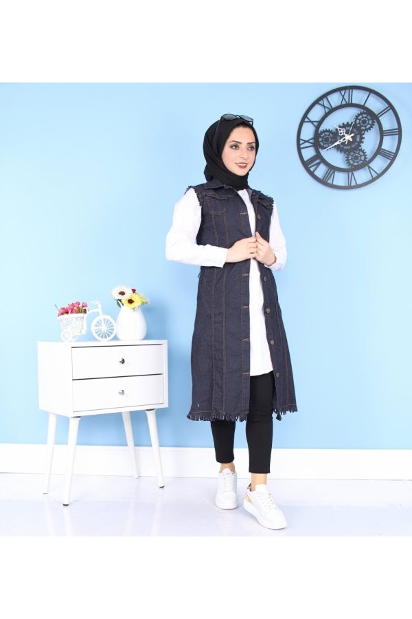 Cepli Uzun Renkli Kot Yelek  Lacivert Cepli Uzun Renkli Kot Yelek  Lacivert