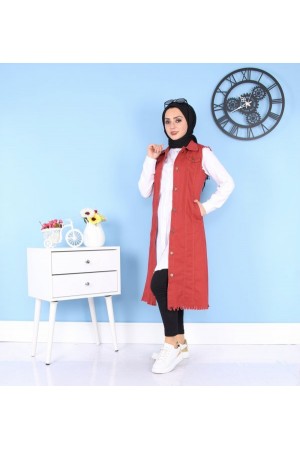 Cepli Uzun Renkli Kot Yelek  Bordo Cepli Uzun Renkli Kot Yelek  Bordo