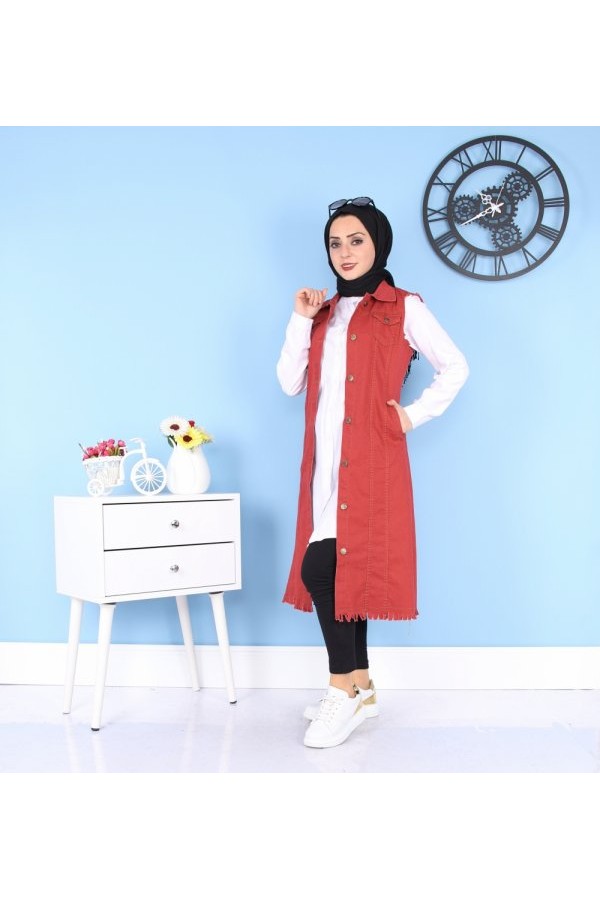 Cepli Uzun Renkli Kot Yelek  Bordo Cepli Uzun Renkli Kot Yelek  Bordo