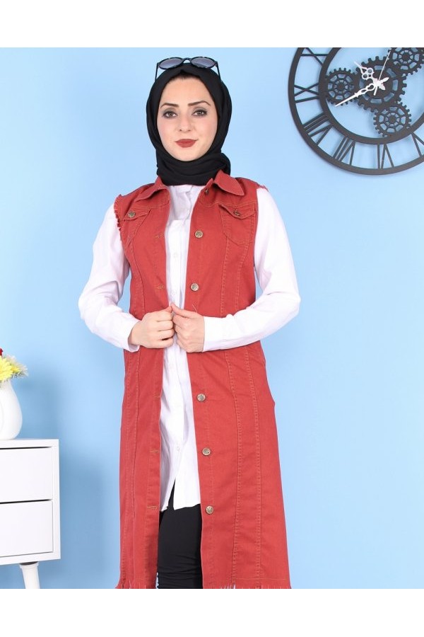 Cepli Uzun Renkli Kot Yelek  Bordo Cepli Uzun Renkli Kot Yelek  Bordo