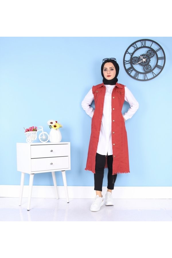 Cepli Uzun Renkli Kot Yelek  Bordo Cepli Uzun Renkli Kot Yelek  Bordo