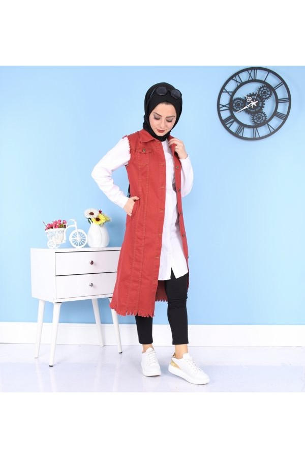 Cepli Uzun Renkli Kot Yelek  Bordo Cepli Uzun Renkli Kot Yelek  Bordo