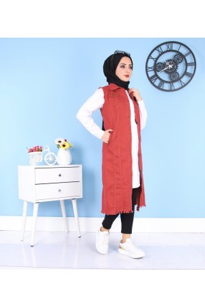 Cepli Uzun Renkli Kot Yelek  Bordo Cepli Uzun Renkli Kot Yelek  Bordo