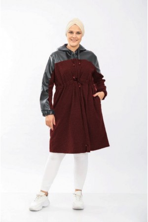  Büyük Beden Derili Jakar Kaşe Fermuarlı Kap - Bordo Series