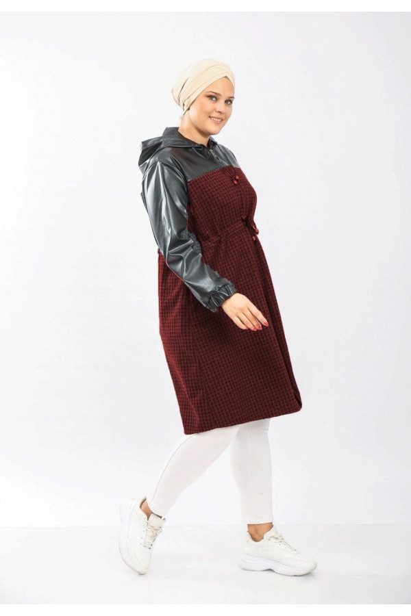  Büyük Beden Derili Jakar Kaşe Fermuarlı Kap - Bordo Series