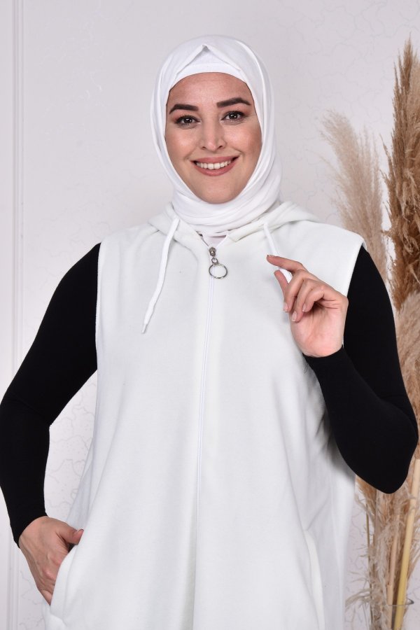 Büyük Beden Kapşonlu Fermuarlı Uzun Polar Yelek  Ekru Büyük Beden Kapşonlu Fermuarlı Uzun Polar Yelek  Ekru
