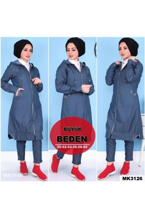 Büyük Beden Tensel Kapşonlu Fermuarlı Kot Kap