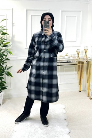 Ayşil Büyük Beden Oversize Kalın Polar Gömlek - Antrasit Dama Ayşil Büyük Beden Oversize Kalın Polar Gömlek - Antrasit Dama
