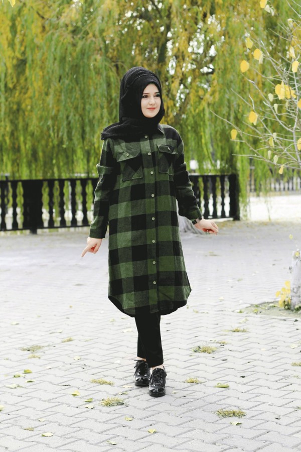 Büyük Beden Senem Kalın Oduncu Gömlek - Zümrüt