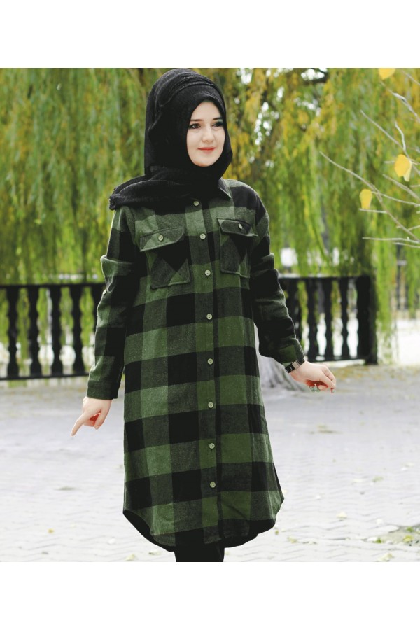 Büyük Beden Senem Kalın Oduncu Gömlek - Zümrüt