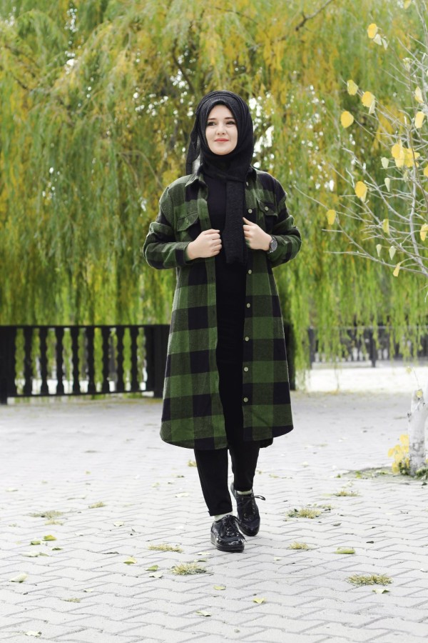 Büyük Beden Senem Kalın Oduncu Gömlek - Zümrüt