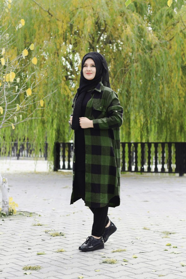 Büyük Beden Senem Kalın Oduncu Gömlek - Zümrüt