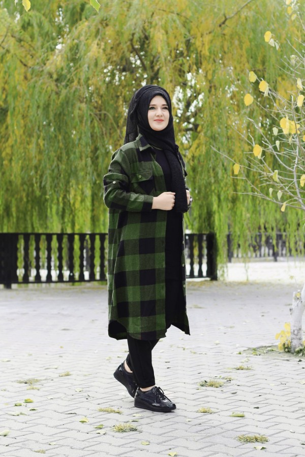 Büyük Beden Senem Kalın Oduncu Gömlek - Zümrüt