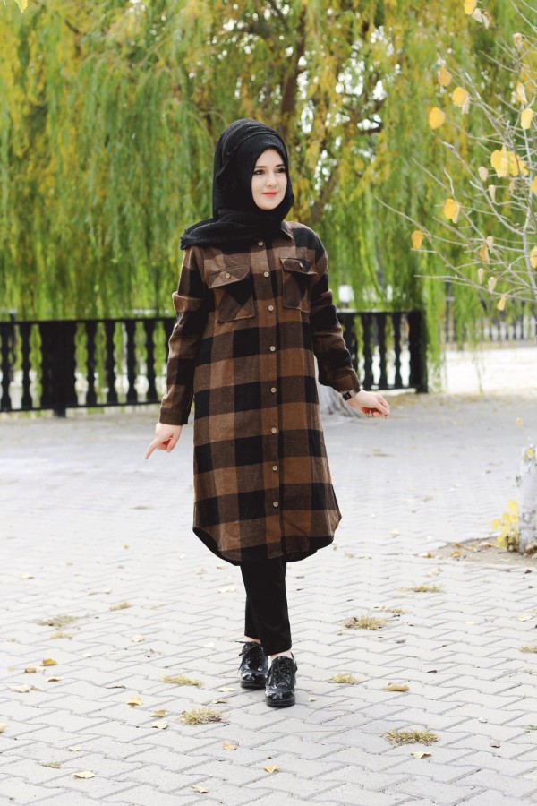 Büyük Beden Senem Kalın Oduncu Gömlek - Kahverengi