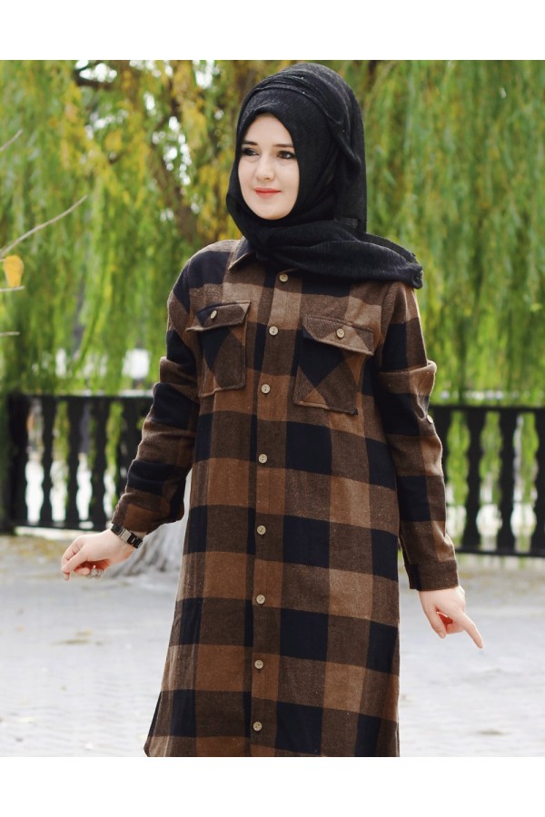 Büyük Beden Senem Kalın Oduncu Gömlek - Kahverengi