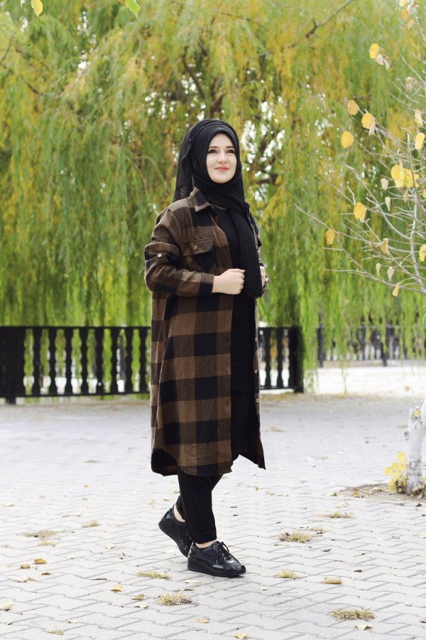 Büyük Beden Senem Kalın Oduncu Gömlek - Kahverengi