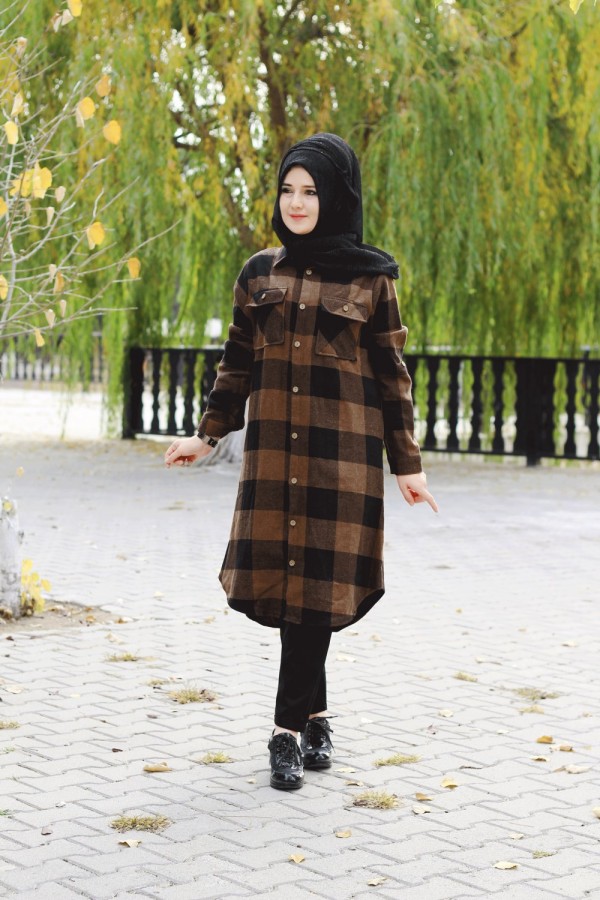 Büyük Beden Senem Kalın Oduncu Gömlek - Kahverengi